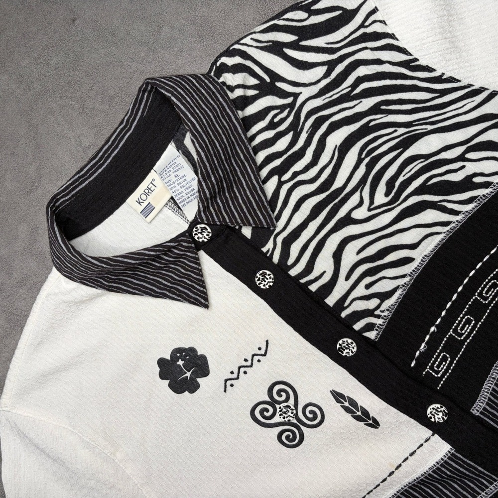 Koret Button Up Shirt Womens XL Black White Zebra Stripe Mixed Print Vintage 90s